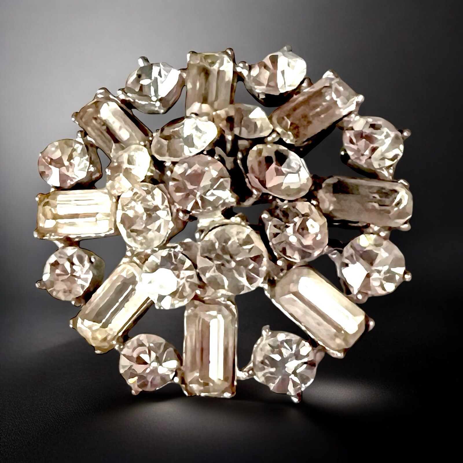 Large Starburst Rhinestone Brooch Vintage Atomic Domed Baguette Pin Vintage