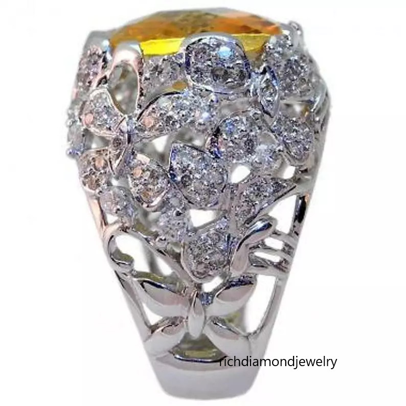 Large Honey Yellow 9.64ct Citrine With Flower Design White CZ Women’s Fine Ring