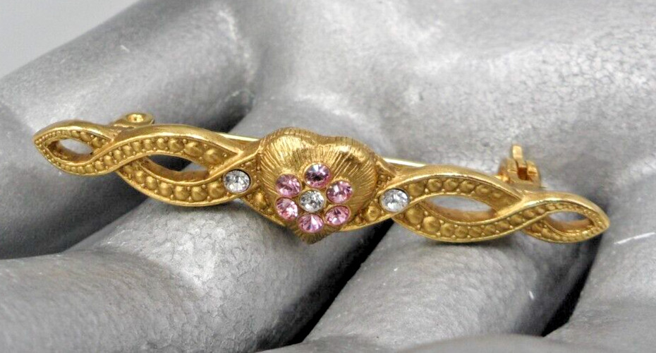 Victorian Valentine Bar Brooch Heart Rhinestone Flower October Birthday Gift Vtg