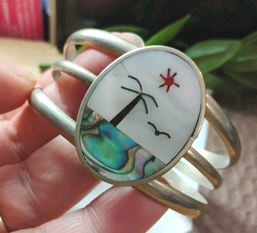 Vintage ABALONE/Mop Inlay Serene Tropical Beach Scene Silvery Cuff Bracelet!