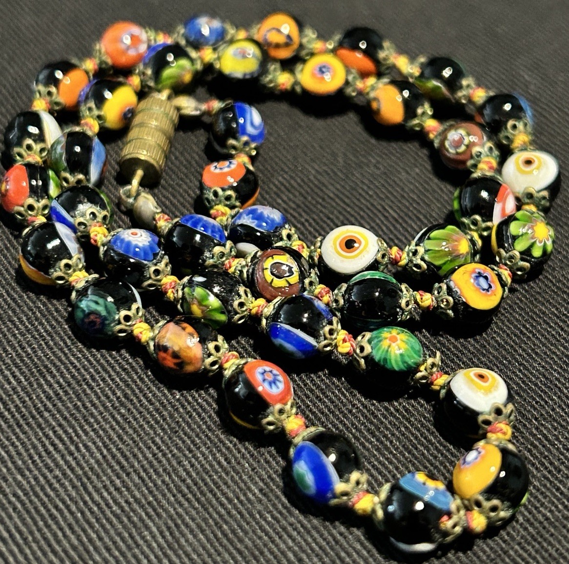 VTG Venetian Colorful Millefiori Glass Beads Knotted Choker Necklace 5mm x 17.5″
