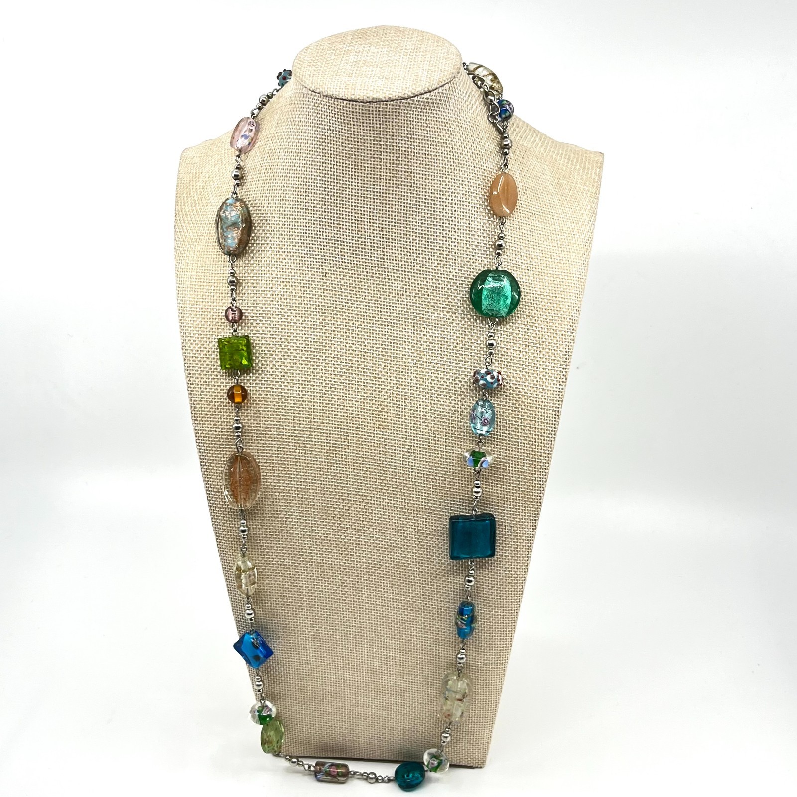 Vintage Boho Art Glass Bead Station Necklace Multi-Color Eclectic Retro Style