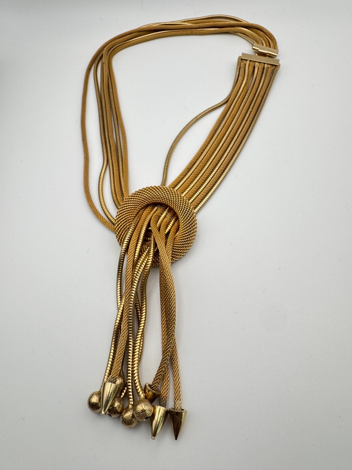 Vintage Mesh Necklace Multi Strand Snake Chain Tassel Knot Fringe Gold Tone