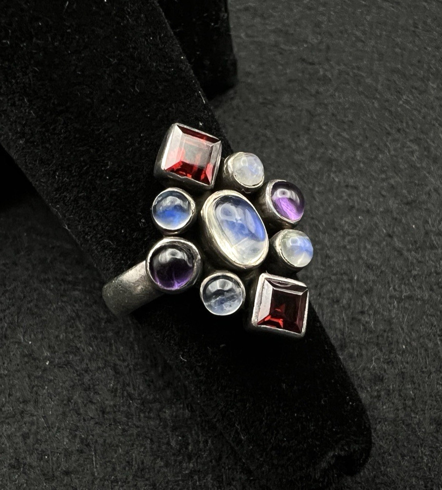 Nicky Butler Sterling Silver Garnet Moonstone Amethyst Cluster Ring Size 5.75