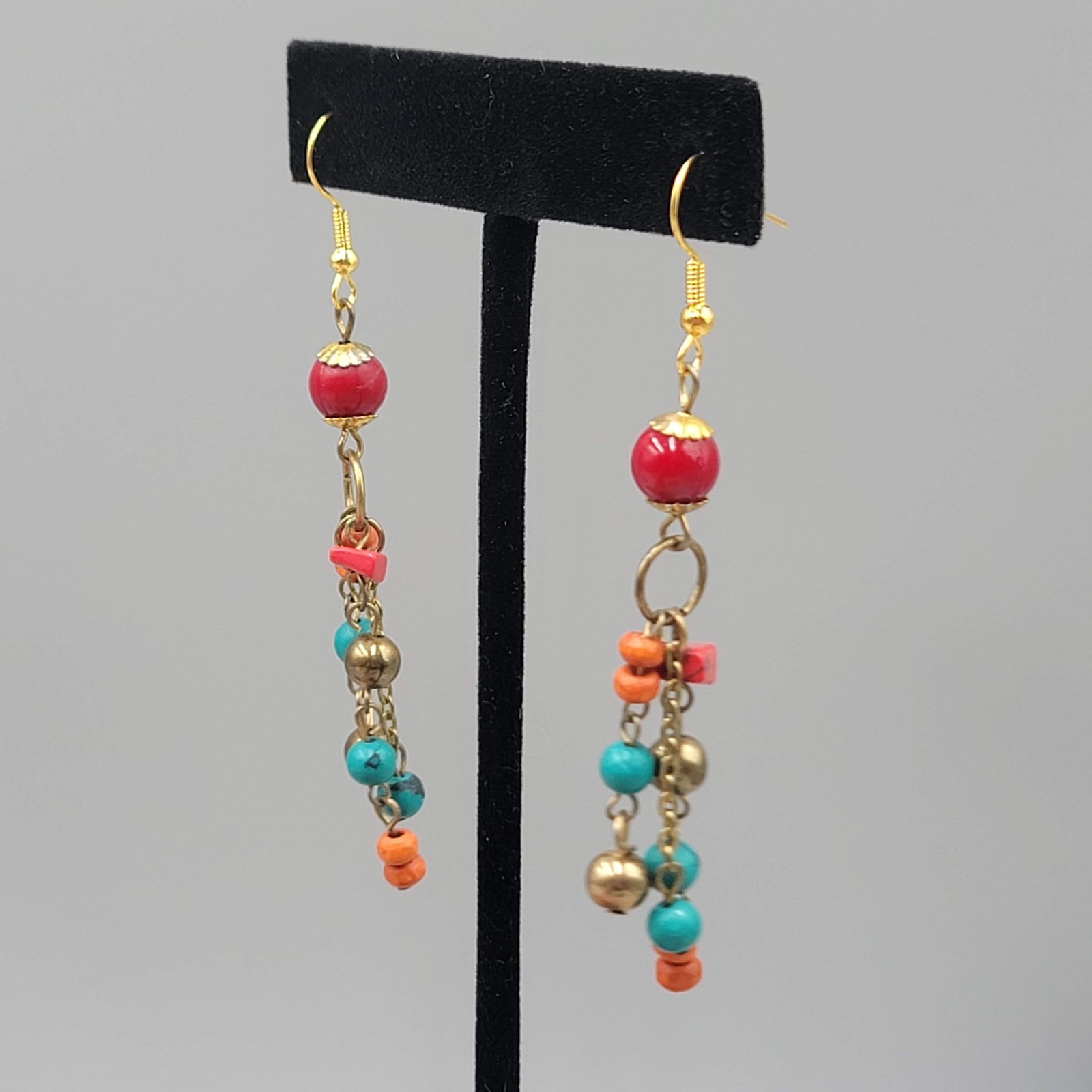 Vintage Multicolor Beaded Pierced Earrings Gold tone Dangle 2.25″