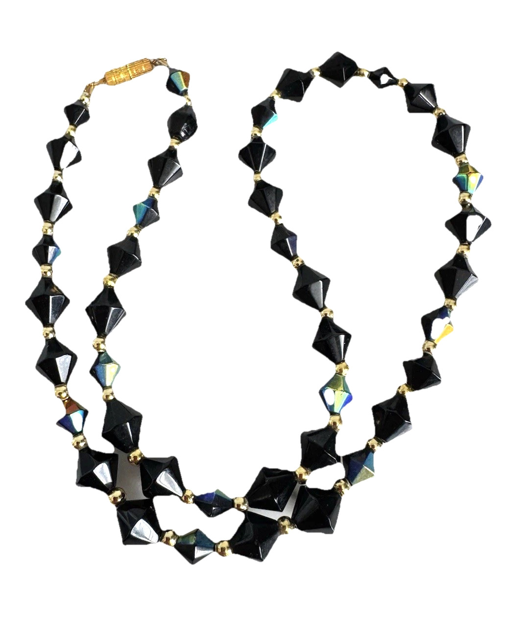 Vintage Bicone Cut Black Aurora Borealis Crystal Bead Gold Tone Accent Necklace