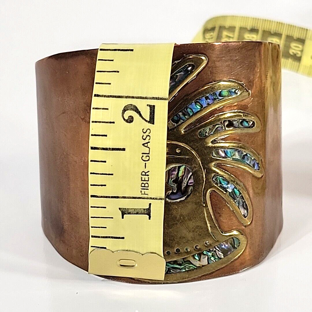 Vintage Copper Brass & Abalone Inlay Cuff Bracelet Boho Bohemian Folk Art Mexico