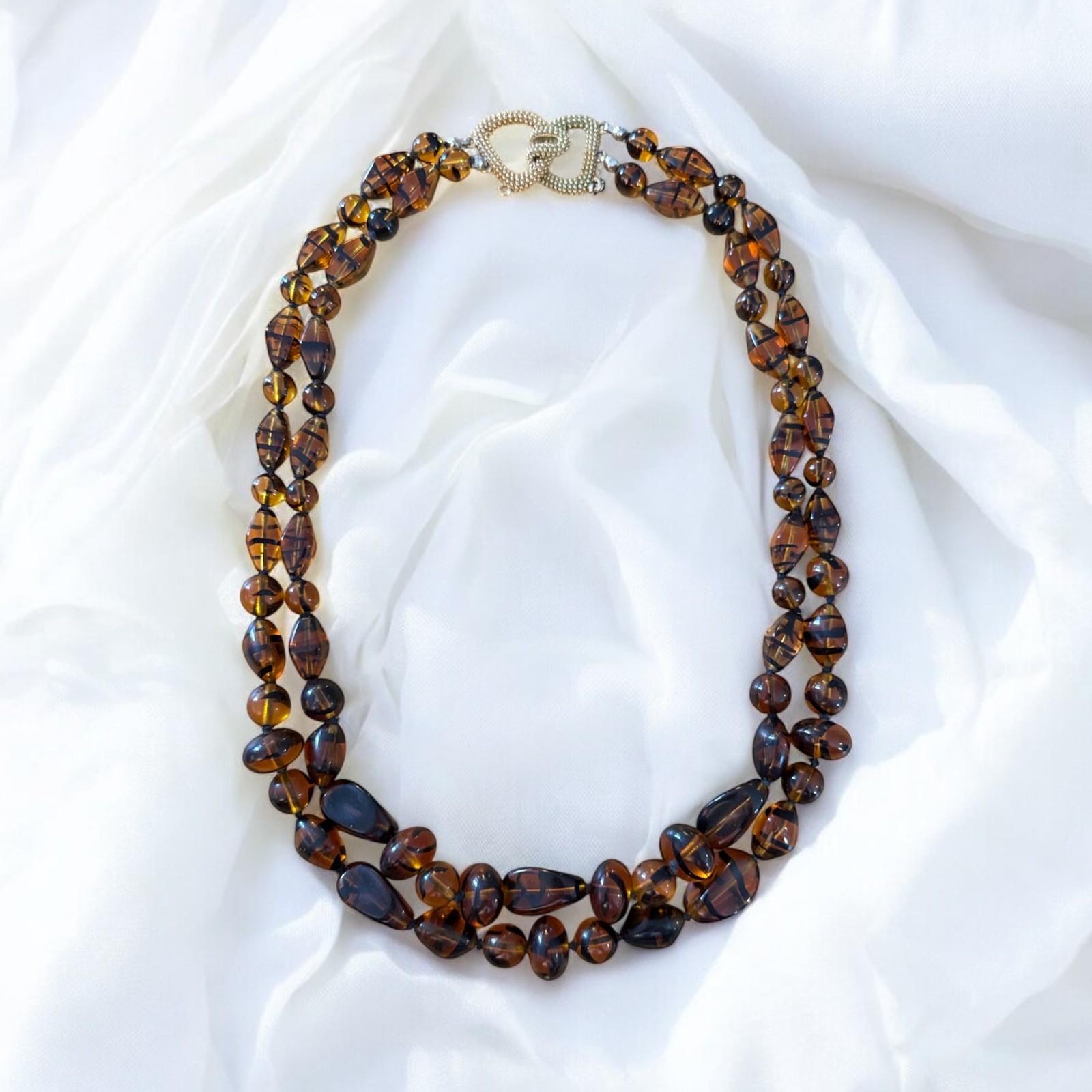 ERWIN PEARL Gold Tone Hand Knot Faux Tortoise Glass Bead Necklace Multi Strand