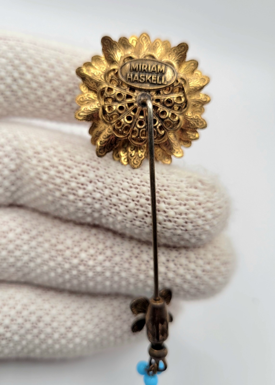 Vtg Miriam Haskell Rhinestone Turquoise Blue Glass Beaded Flower Runway Pin