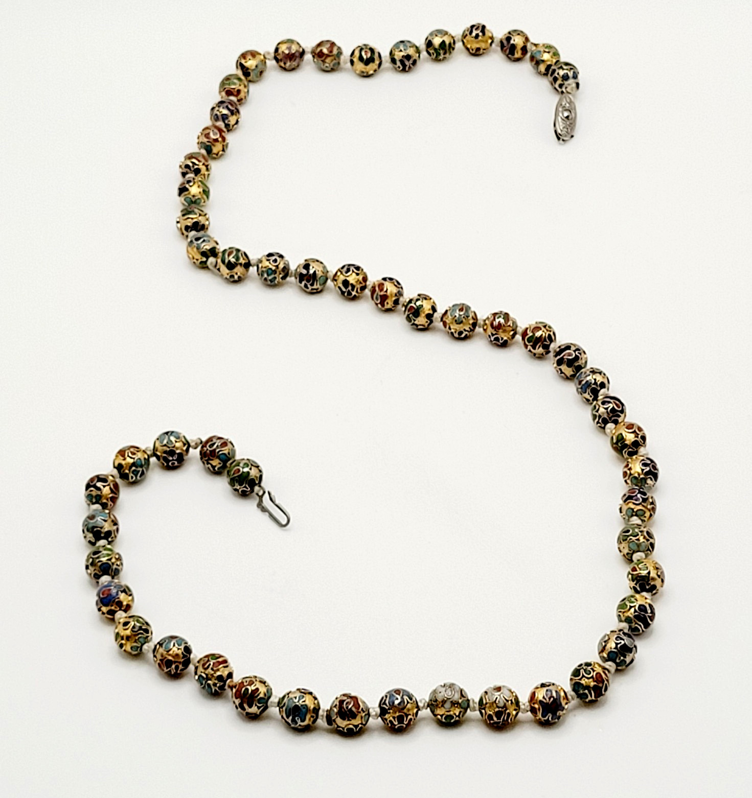 Chinese Cloisonné Floral Bead Hand Knot Circa 1930s Beaded Necklace 23 Inch