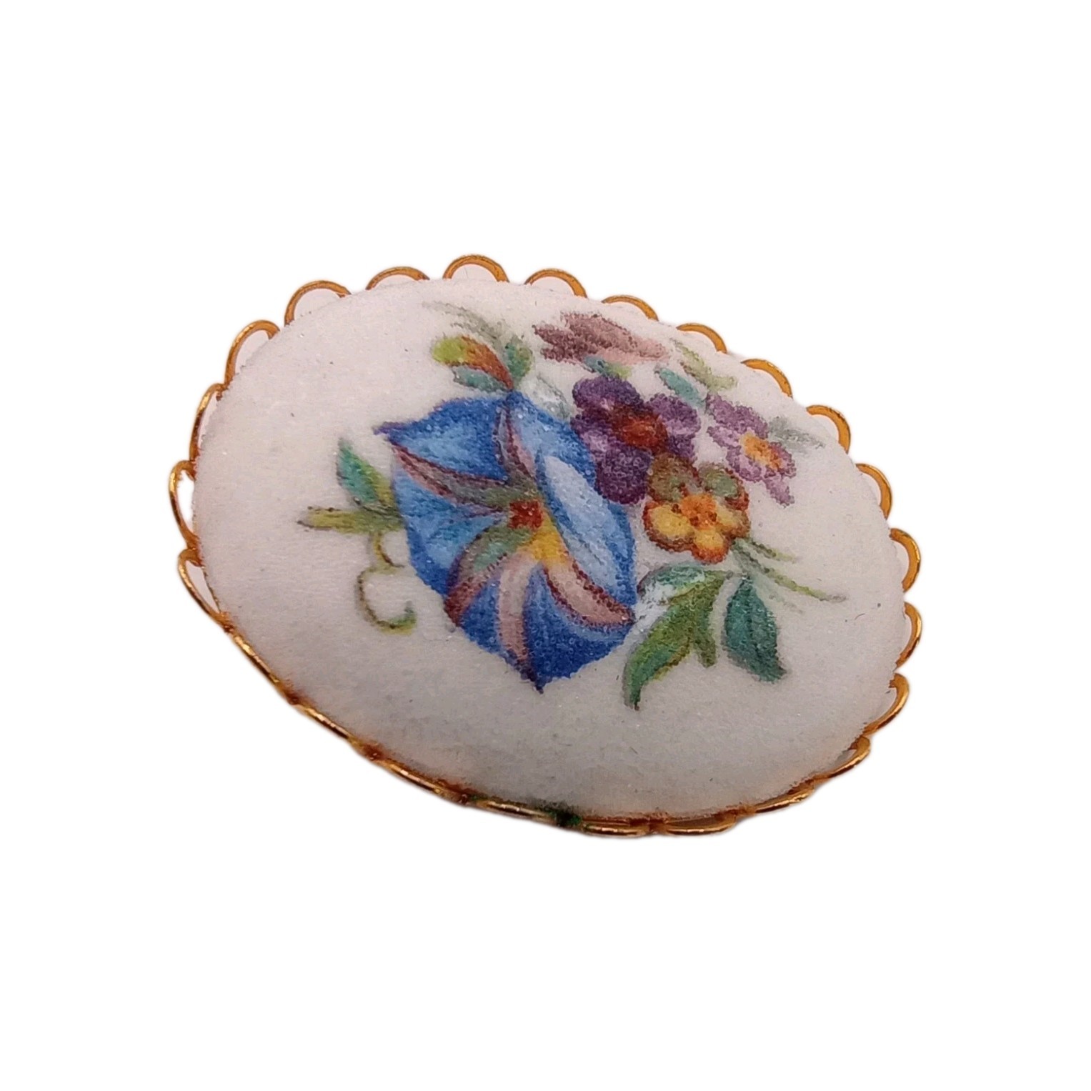 Vintage Floral Sugared Blue Morning Glory Brooch Gold Tone Scallop Pin 1 3/4 in