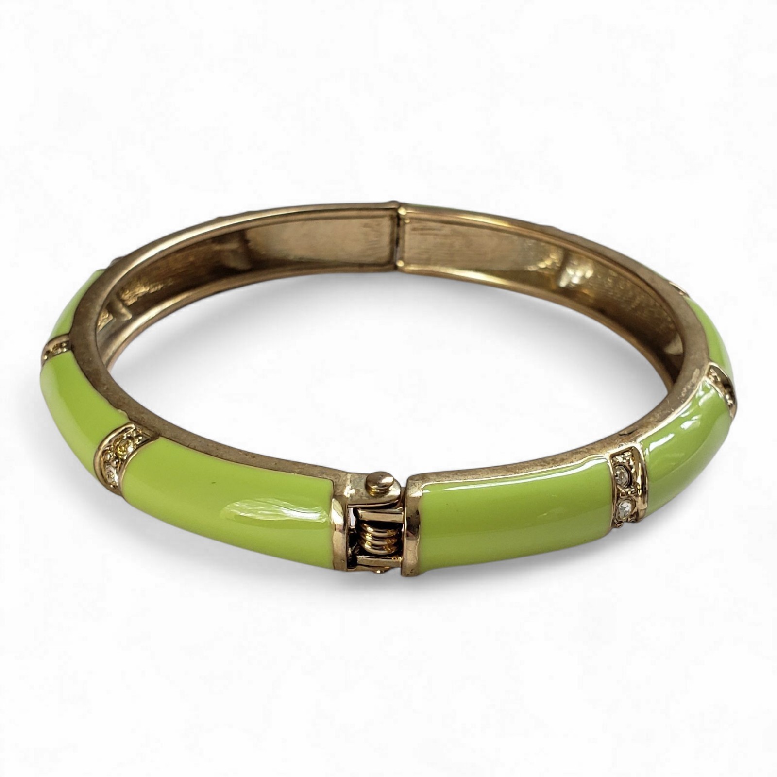 Vintage Glossy Lime Green Enamel & Clear Rhinestones Hinged Bangle Bracelet