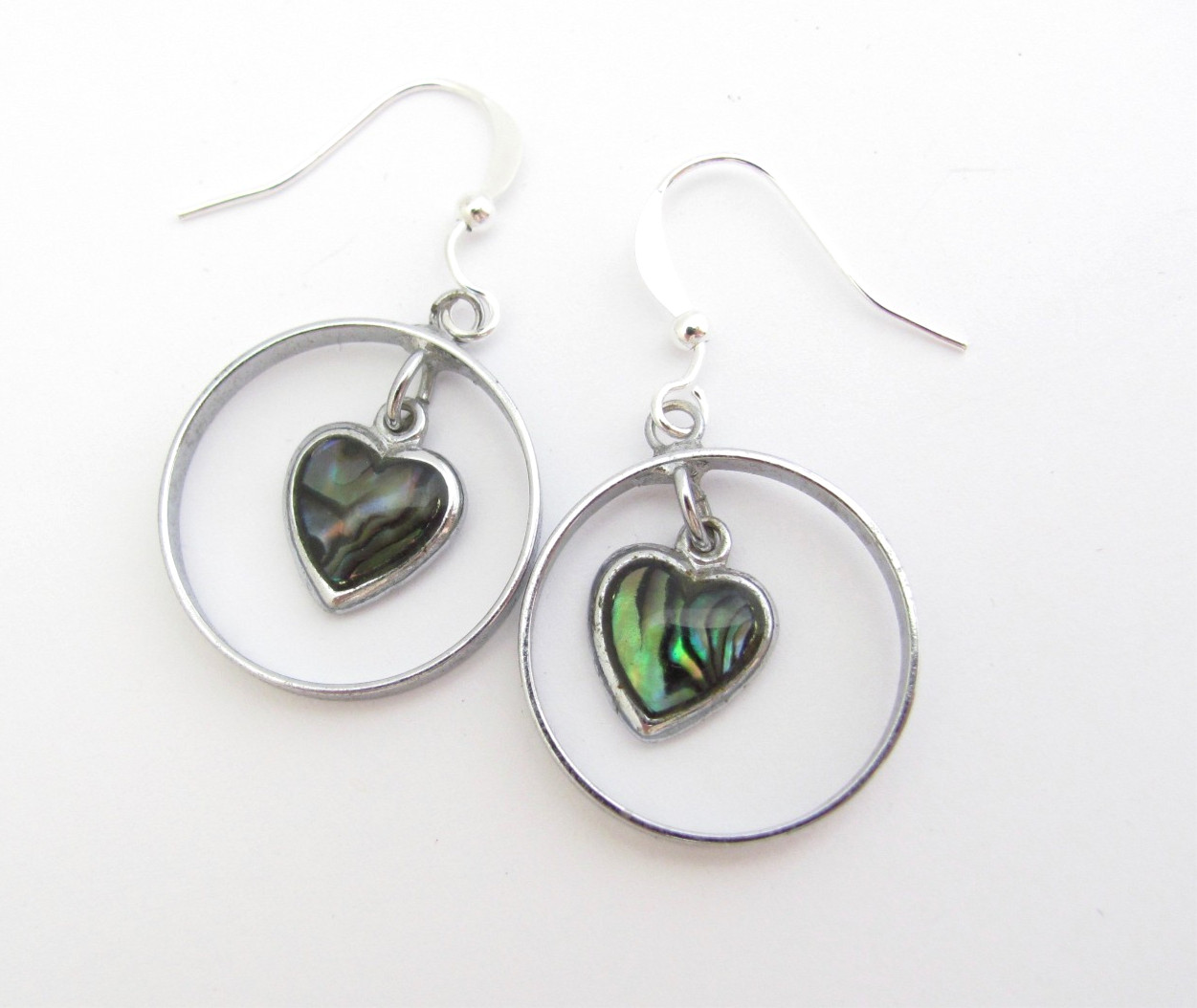Vintage Heart Earrings Abalone Paua Shell Hoops Silver Plate Boho Love Jewelry