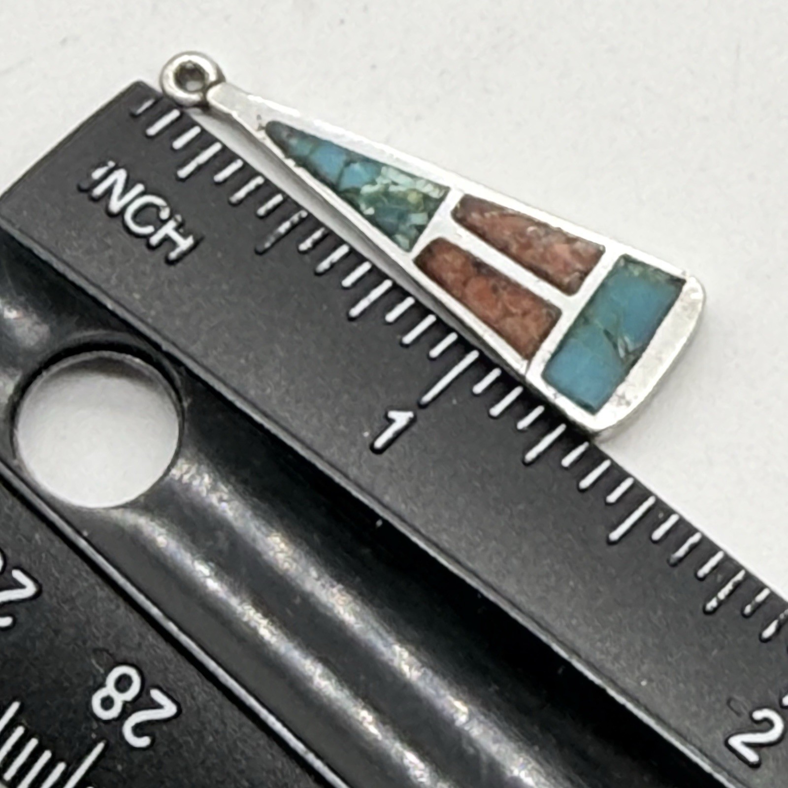 Native Southwest Silver Turquoise Coral Inlay Single Pendant UNMARKED 1.25”