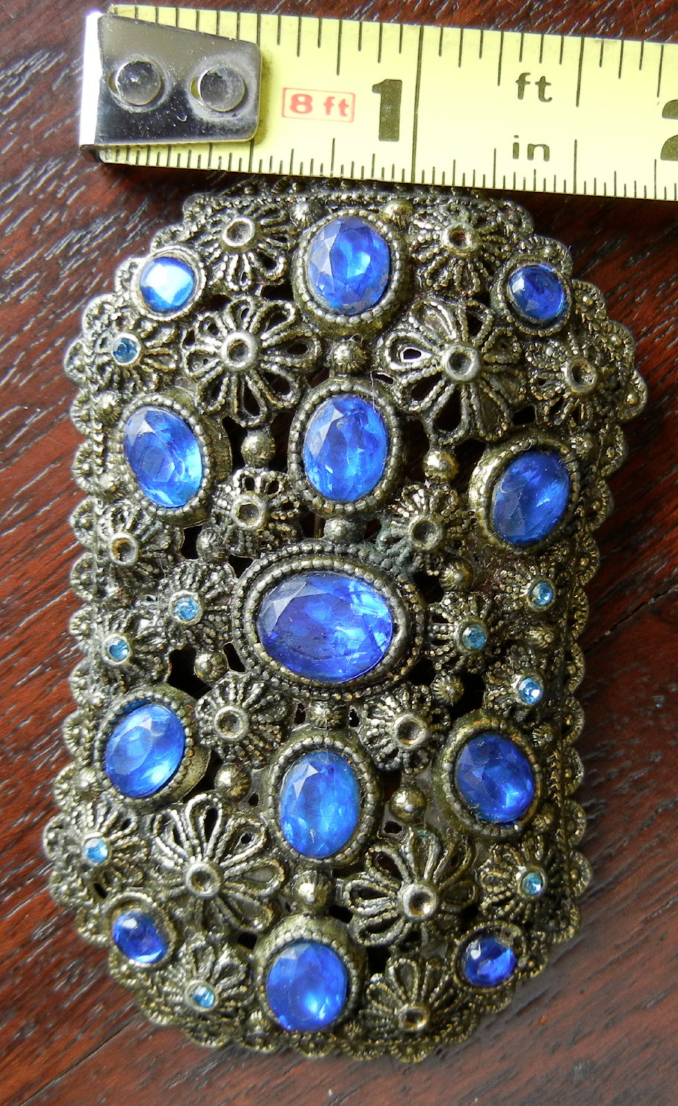 Vintage Filigree Brooch Pin Signed NE (New England Glass Works) Blue Rhinestones