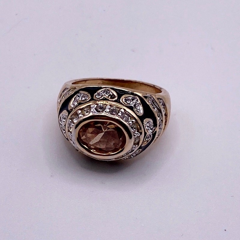 Vintage Gold Plated Enamel Ring with Cubic Zirconia Citrine