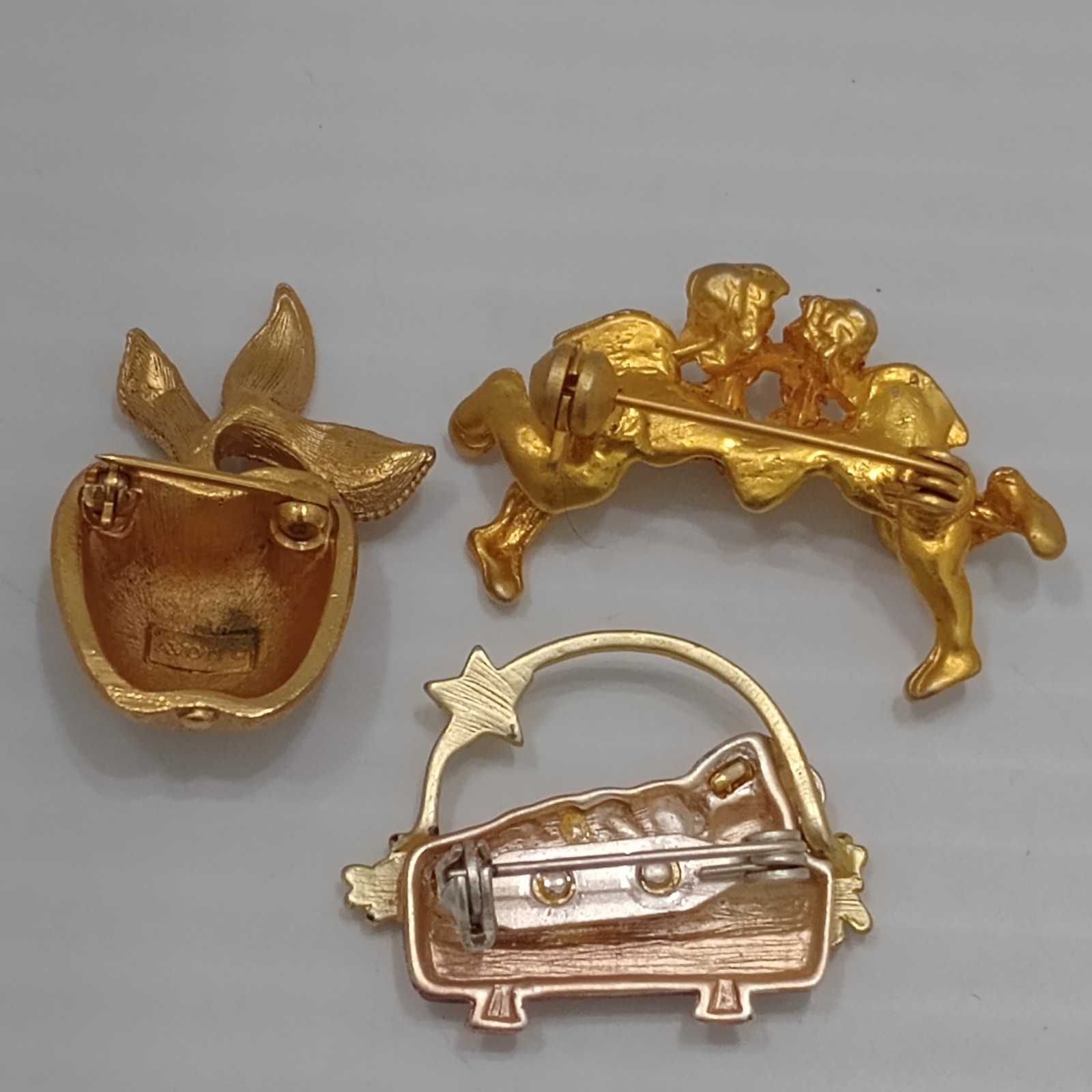 Lot 3 Vintage Gold Tone Brooches Avon Apple Angel Nativity