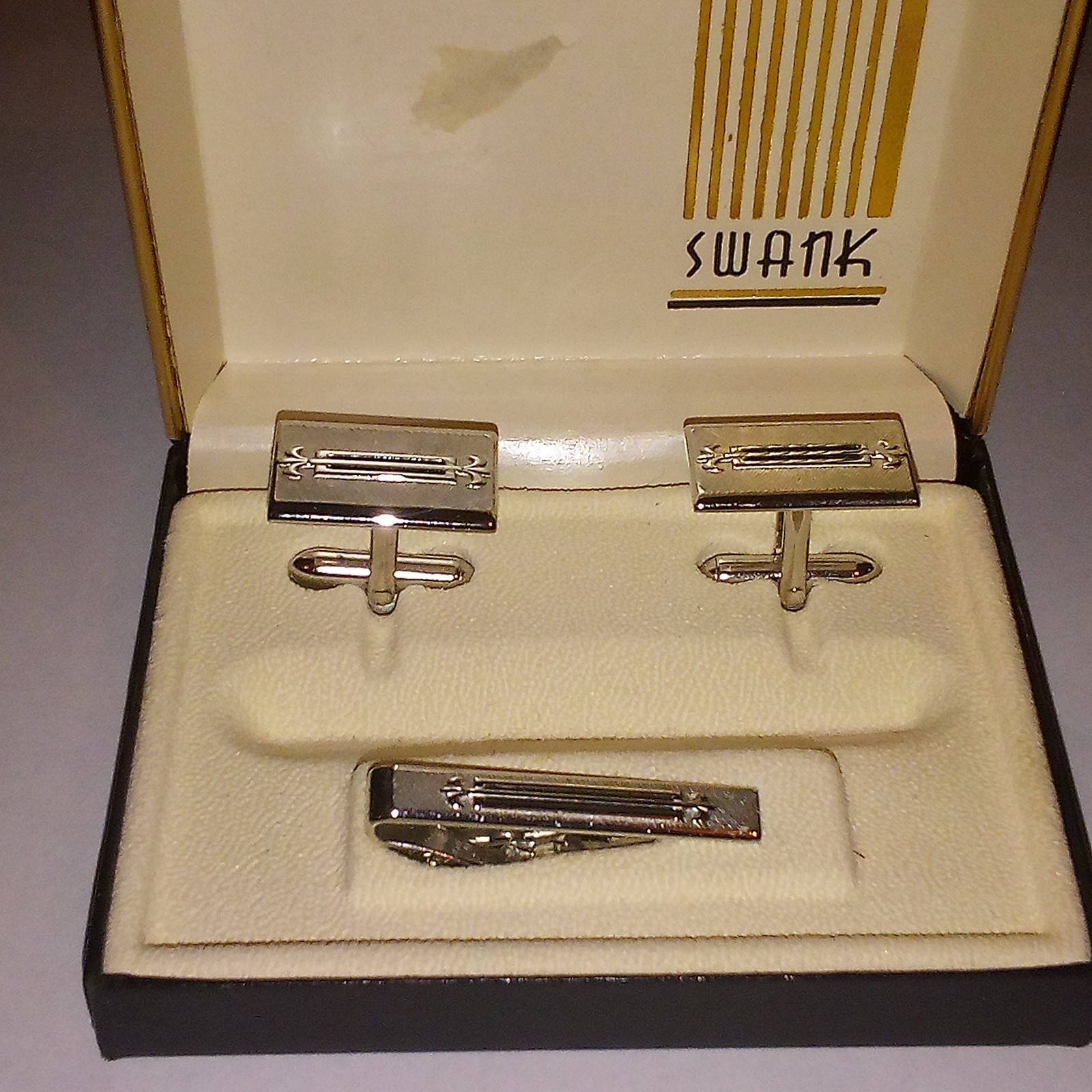 Vintage Swank Silver Tone Fleur De Lis Black Enamel Cuff Links & Tie Clip Set