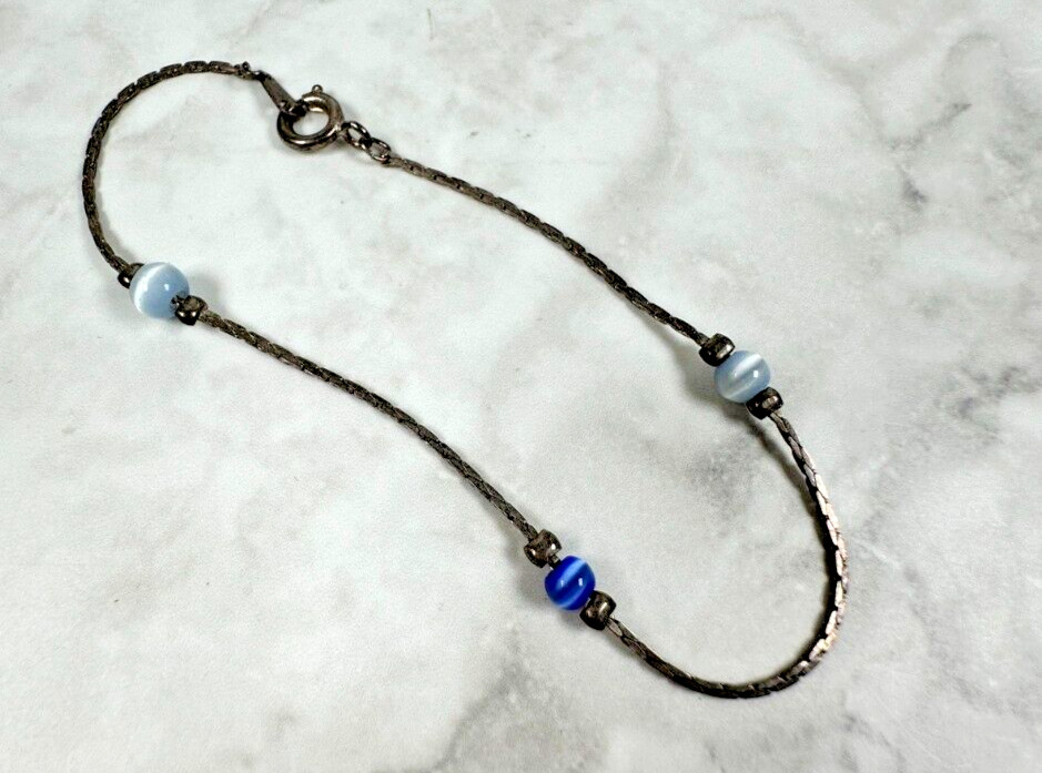 Silver Tone Delicate Bracelet with White and Blue Tiger’s Eye Beads – 7″