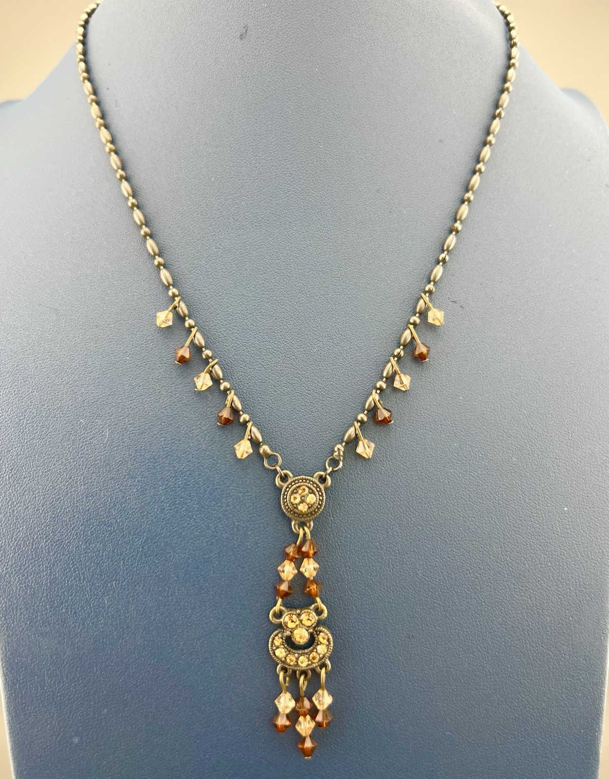 Victorian Revival Necklace Rhinestone Drop Bronze Tone Gunmetal Signed JS 19”