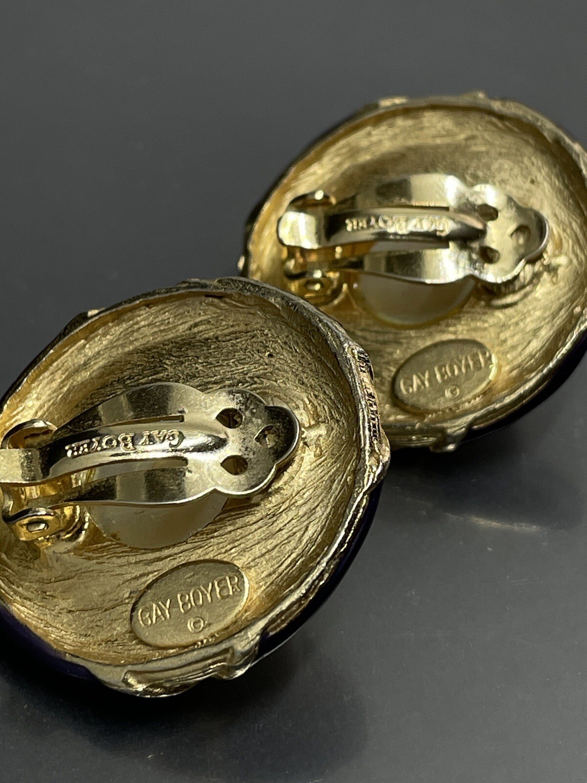 Vtg Gay Boyer Gold Tone Navy Blue Enamel Faux Pearl Large Clip On Earrings
