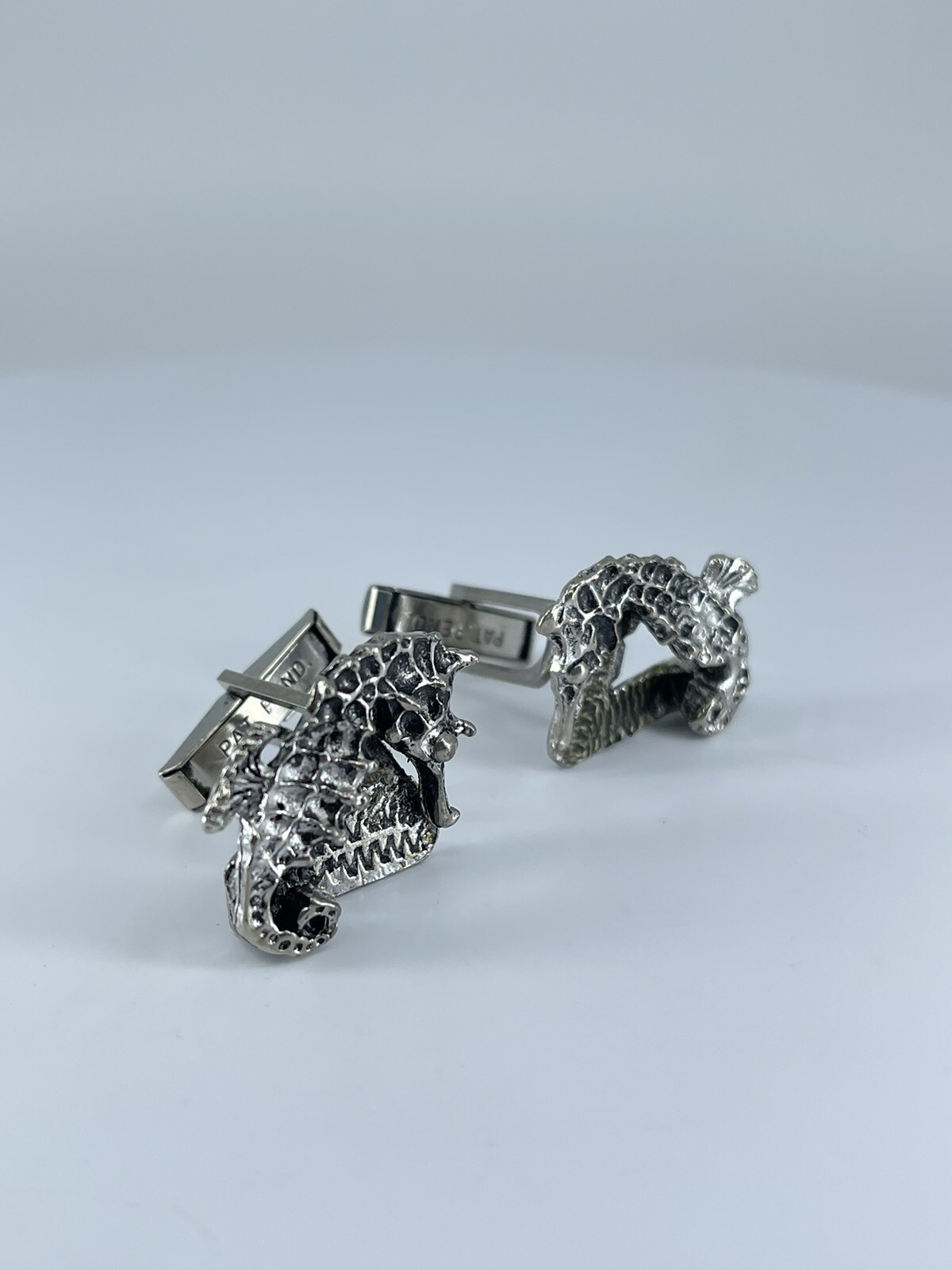 Vintage Seahorse cufflinks silver tone with black enamel accents 1-1/8″