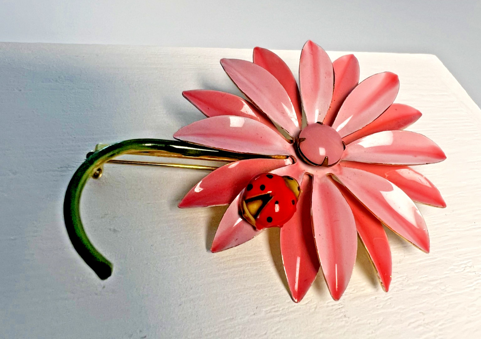 PRECIOUS Original By Robert Pink Daisy Enameled Metal Brooch with Ladybug
