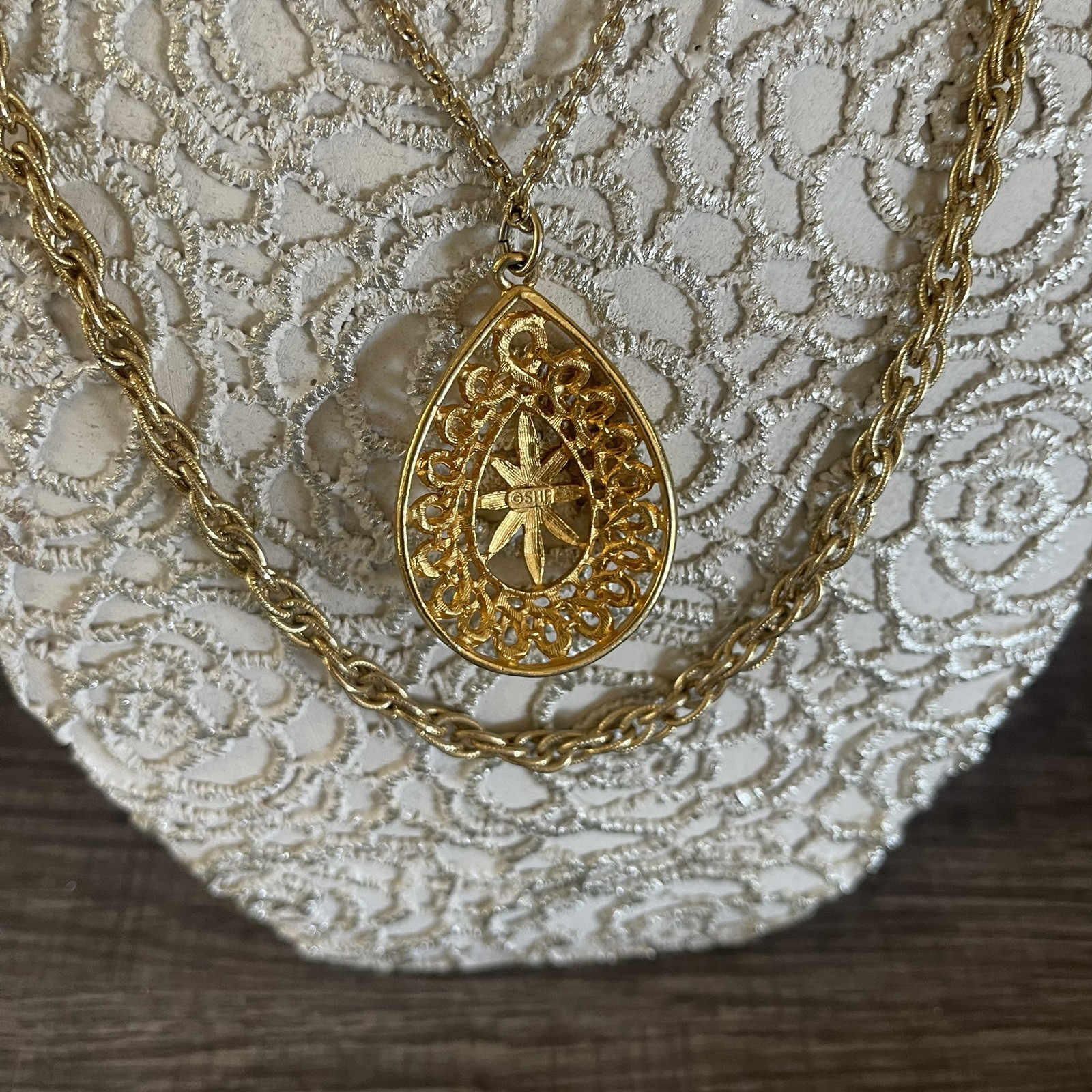 Vintage SHP Marked Gold Tone Plated Layered Chain Pendant Necklace