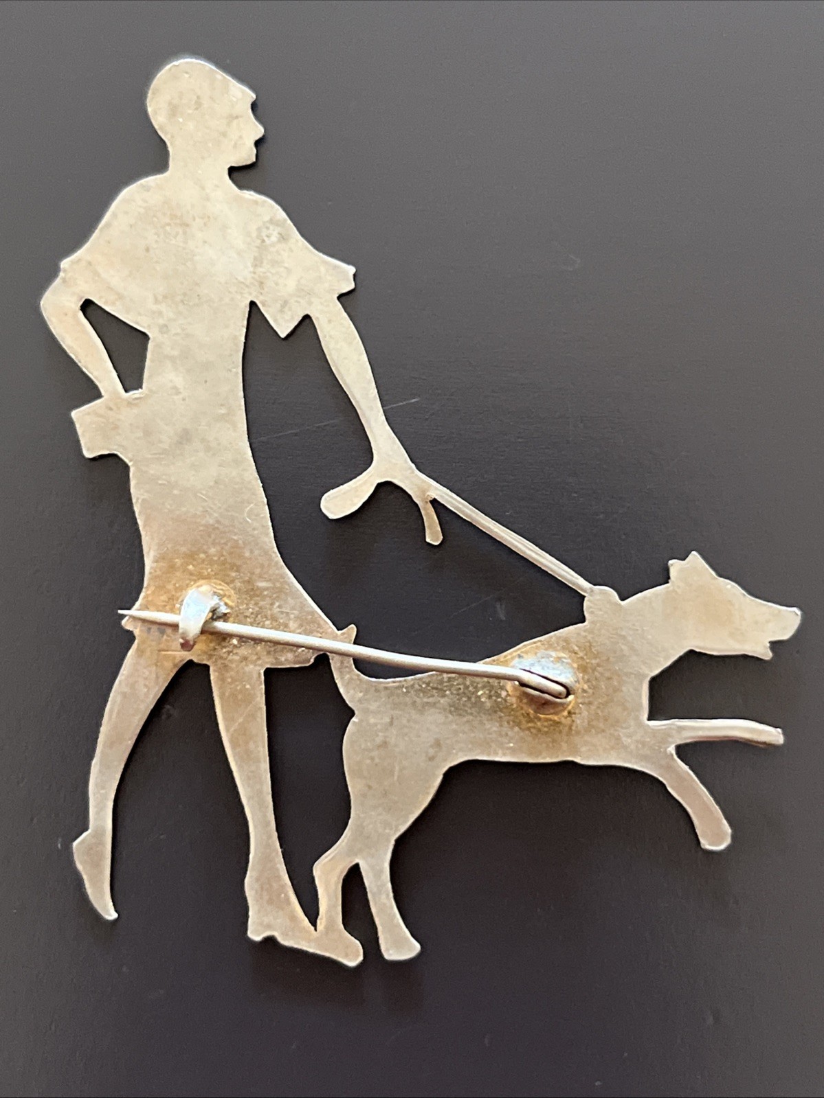 RARE Vogue ART DECO 1920s Vintage CHROME Lady Walking DOG Brooch PIN