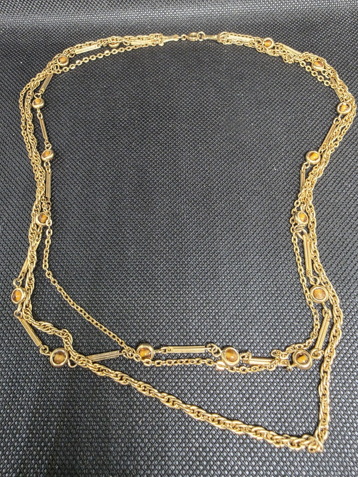 Vintage Gold Tone Station Chain Necklace Orange Cobochon Bar Link Multi Strand