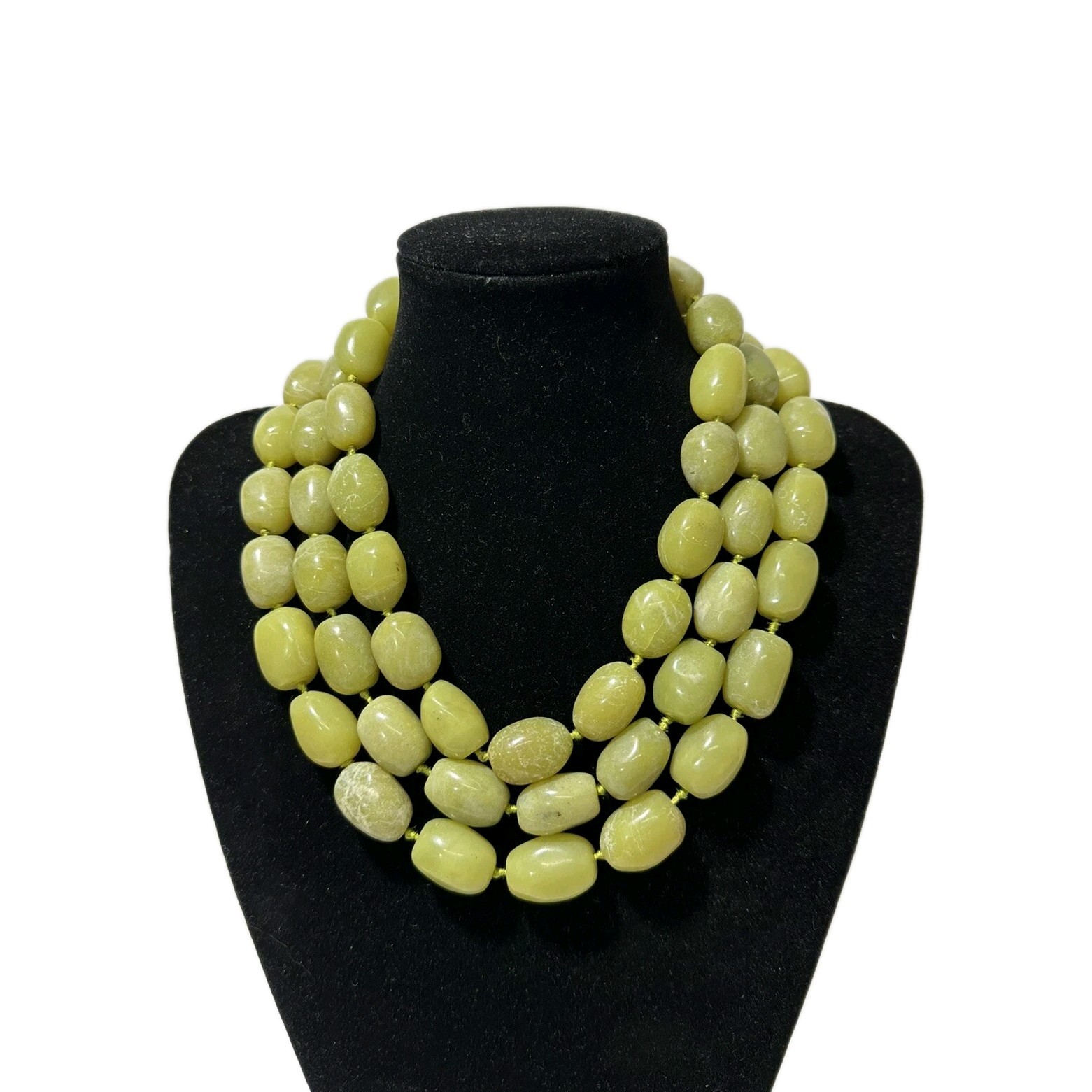 Vintage 3-Strand Olive Jade Nugget Beads Hand Knot 16-inch Choker Necklace