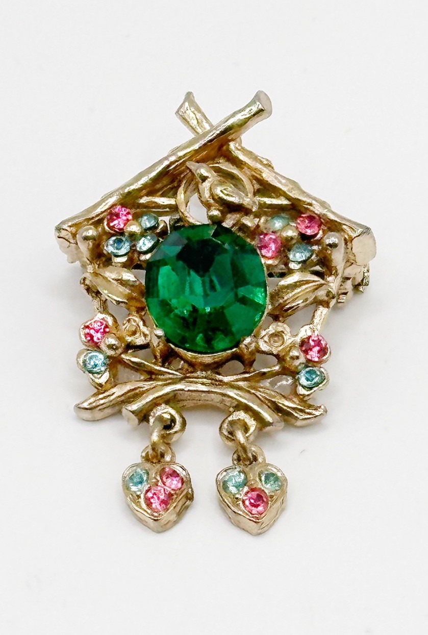 Vintage Unsigned CORO Cuckoo Clock Pin Green Glass Pastel Rhinestones