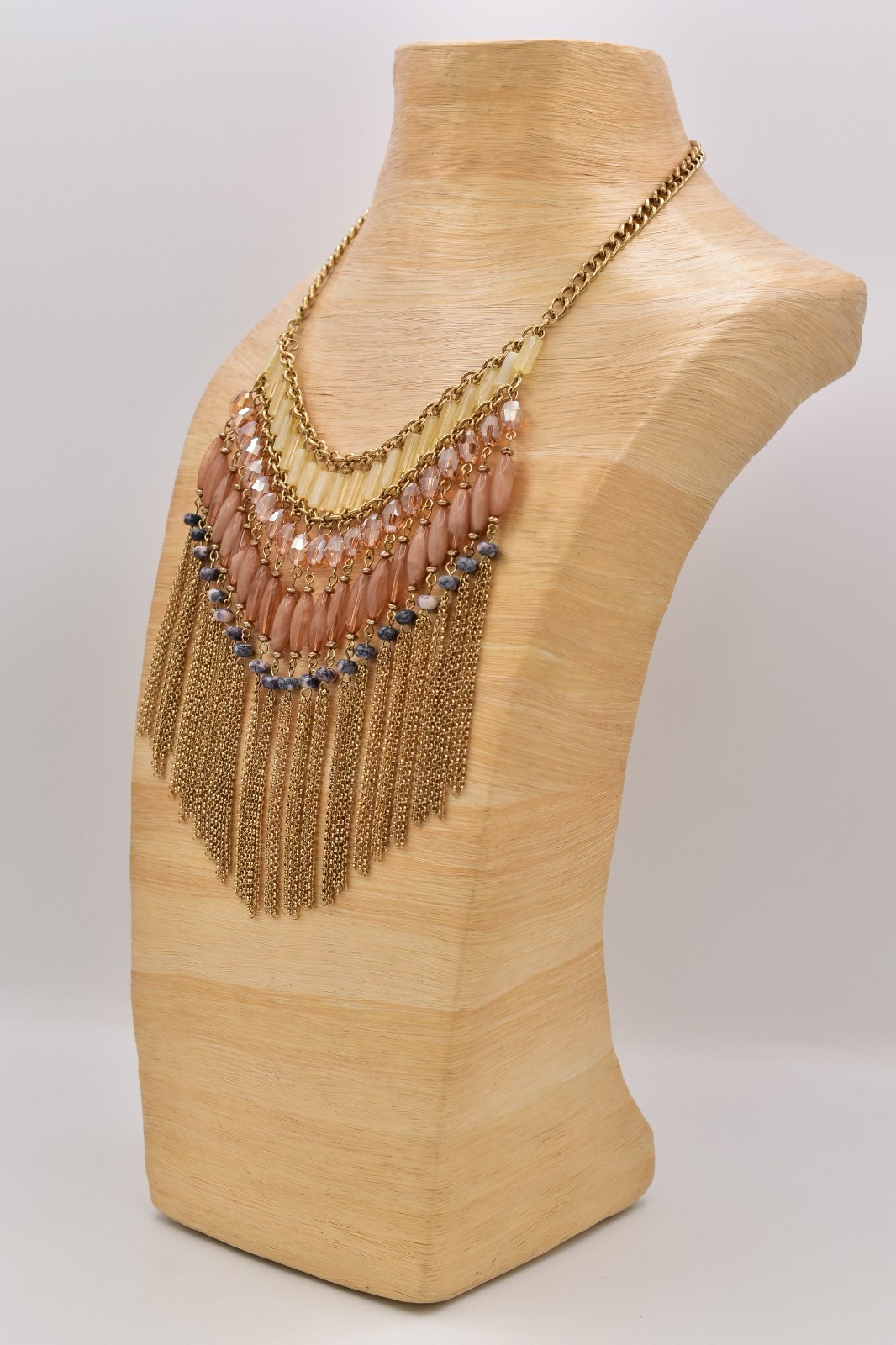 Vintage Fringe Statement Necklace Gold Peach Glass Beads Layered Boho Y2K BinBL