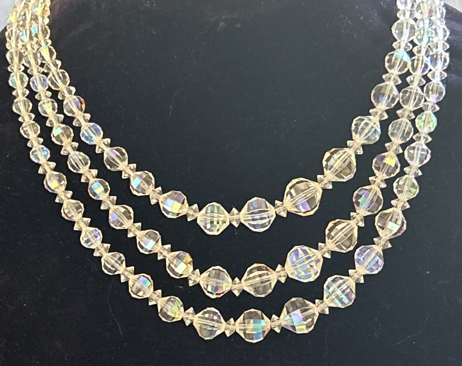 Laguna faceted clear crystal three strand 15” beaded necklace