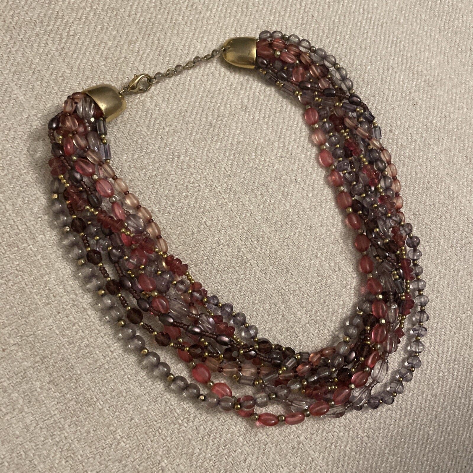 Vintage boho Multi Strand Beaded purple Pink Red Glass Gold Tone Necklace