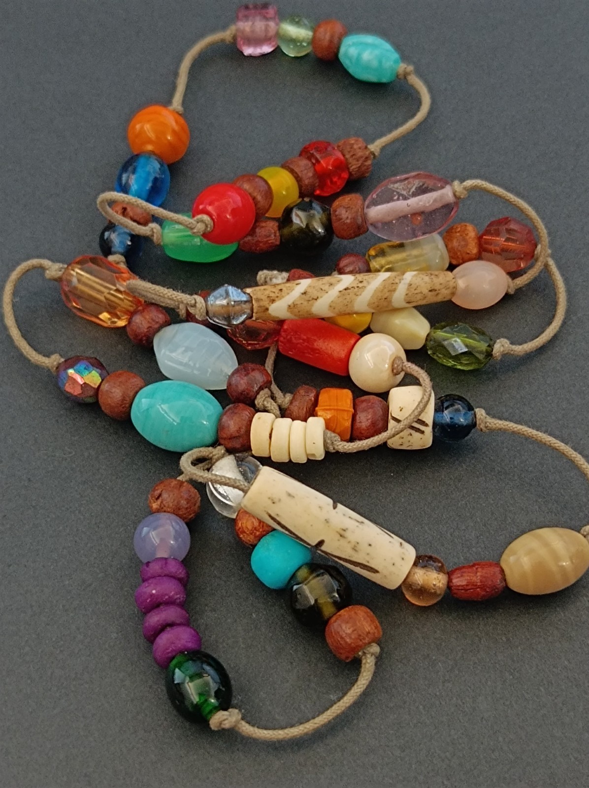 Vintage Long Boho Lariat Necklace Mixed Beads Glass Ceramic Wood Knotted Station