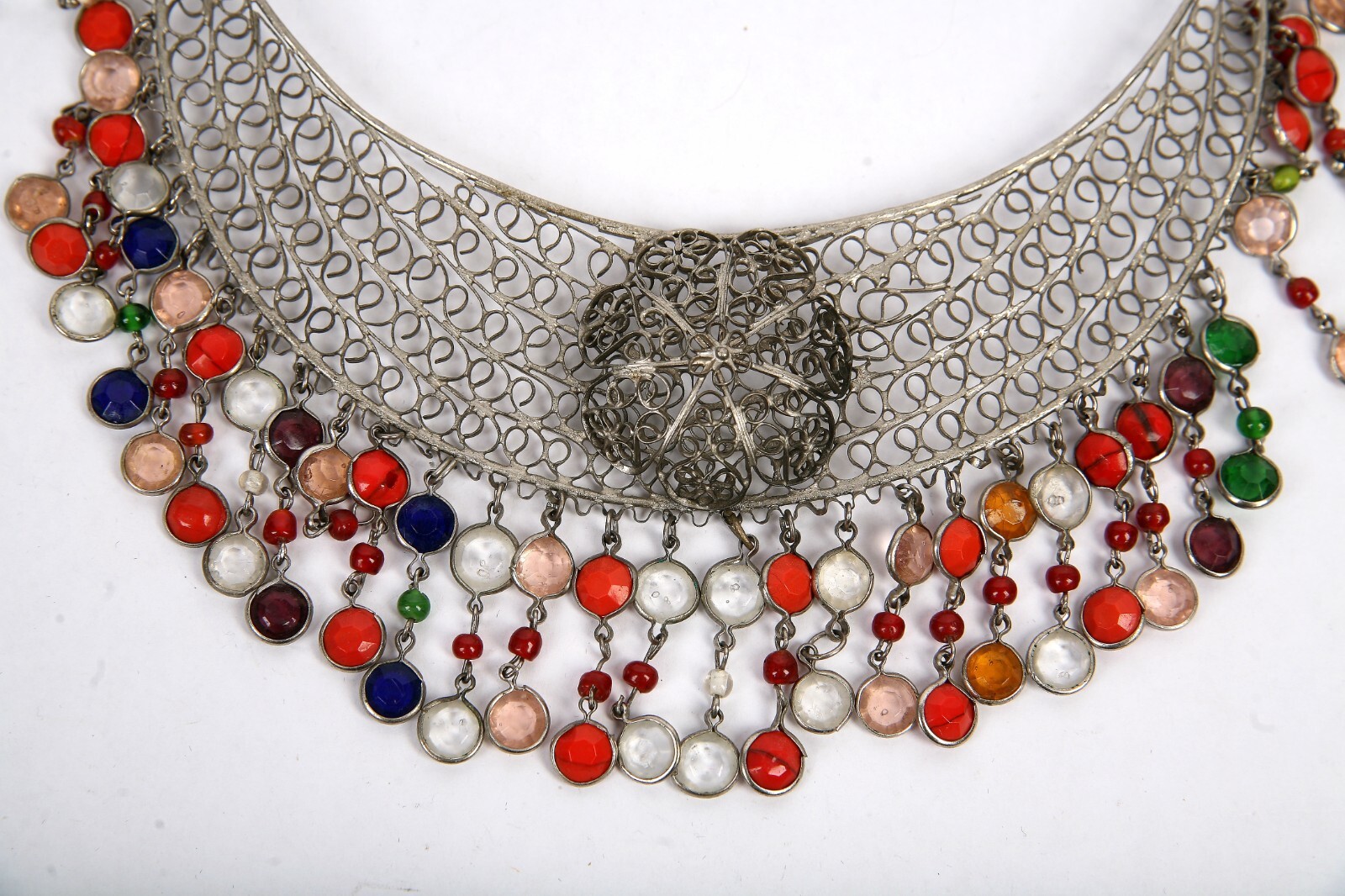 Vintage Bib Collar Choker Necklace Beaded Fringe Artisan Hand Made Mesh Filigree