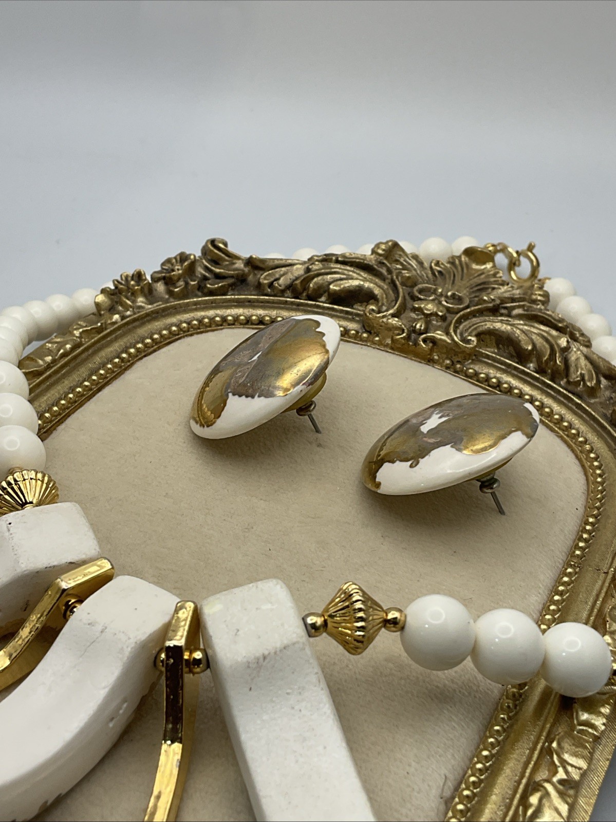 Vintage 60s-80s White & Gold-tone Chunky Bib Necklace/ Earring Set Marked Japan