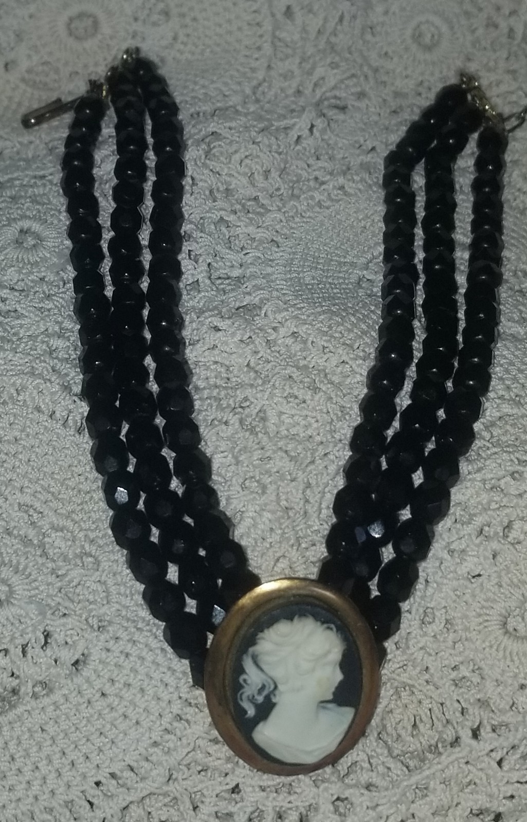 Cameo Necklace, Antique Jet Black Glass,3 Strand Choker, 16 1/2 inch, Gold Tone