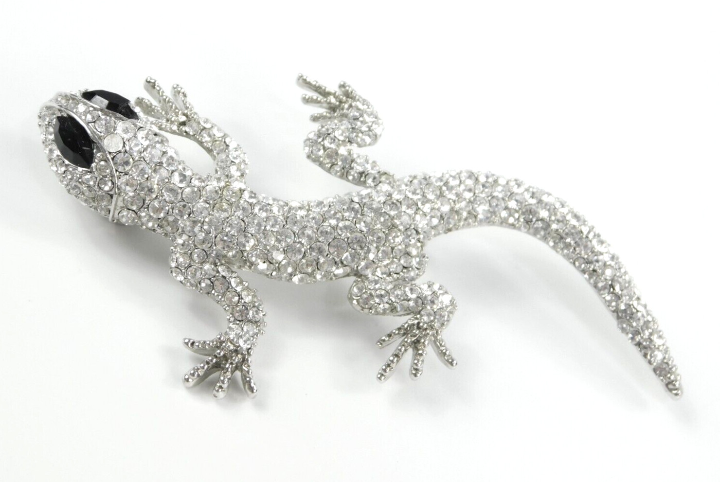 Vintage Clear Pave Glass Rhinestone Lizard Black Eyes Silver Tone Brooch Pin