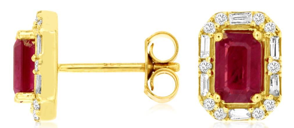1.52CT DIAMOND & AAA RUBY 14K YELLOW GOLD EMERALD CUT & ROUND HALO STUD EARRINGS