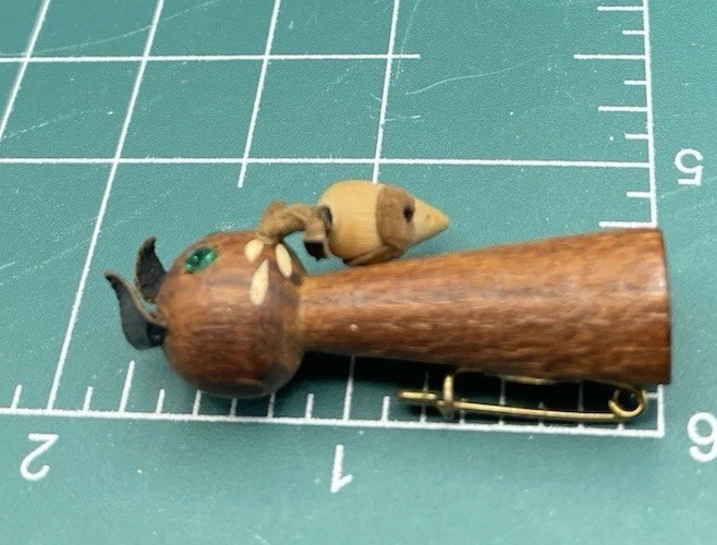 Vintage MCM Wooden Cat & Mouse Pin Green Rhinestone and Leather Accents Denmark
