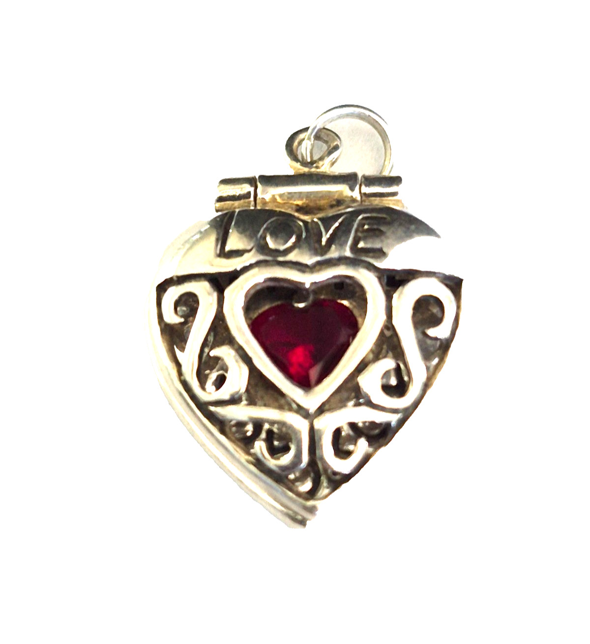 Vintage Sterling Silver Marked SU Ruby Scroll Work Double Heart Love Pendant
