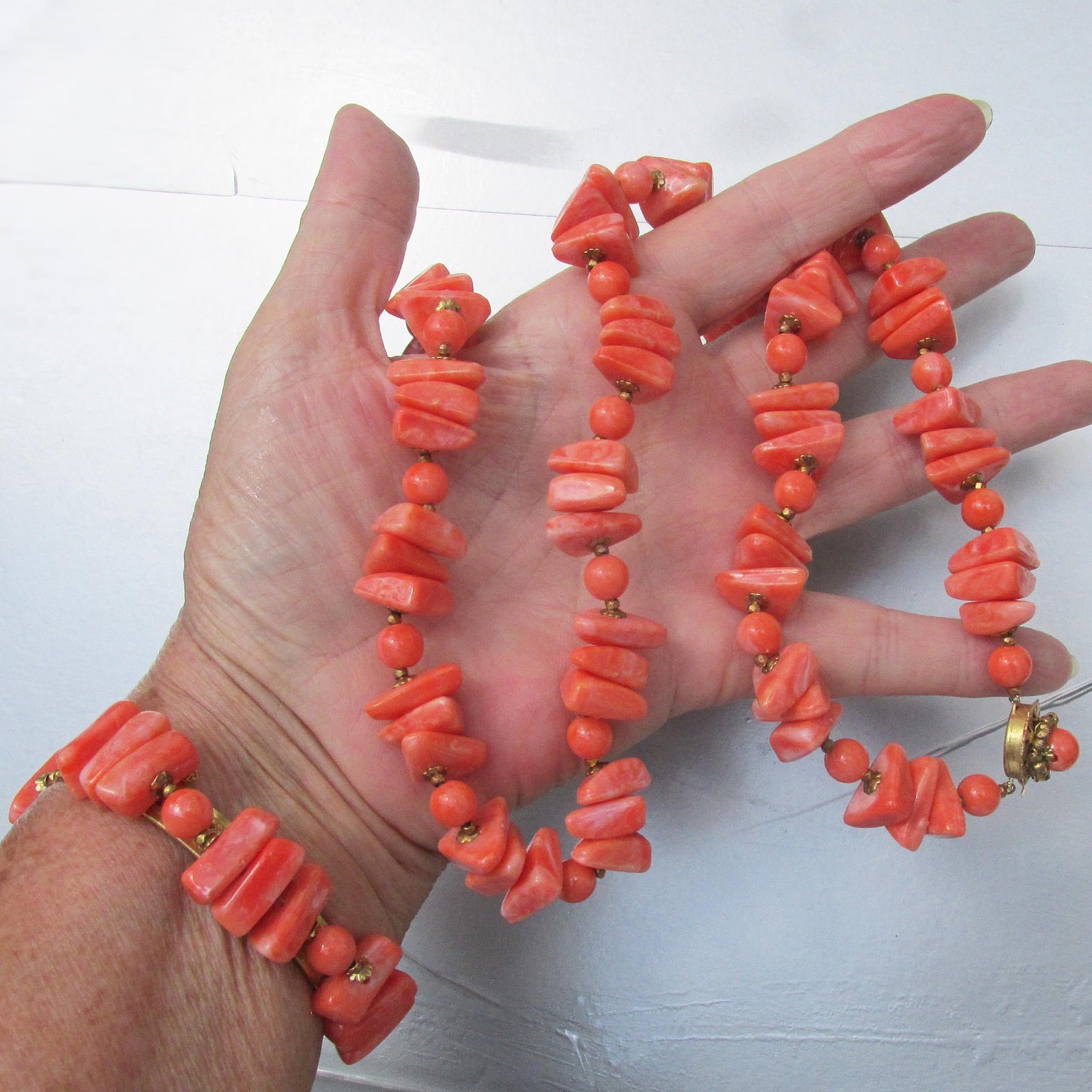RARE Signed Miriam HASKELL Vintage Necklace Bracelet Earrings Faux Coral Set