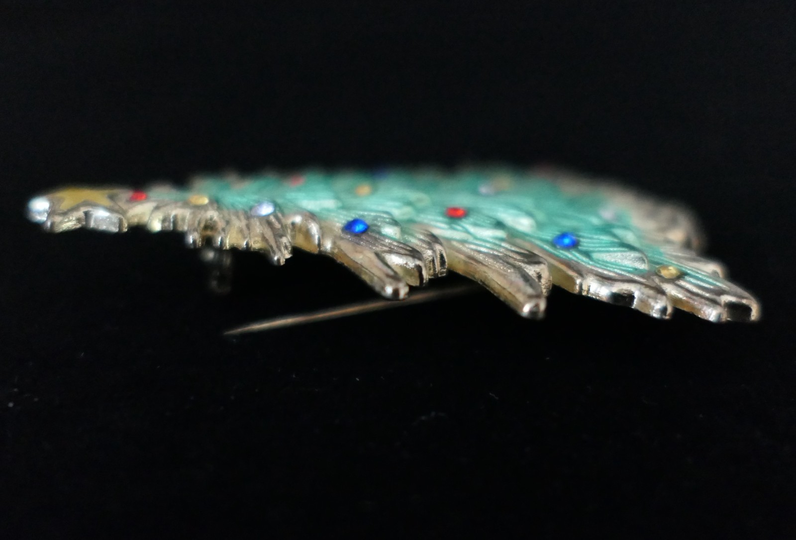 Vintage Gold Wash Christmas Tree Brooch Enamel Multi-Colored Rhinestones Signed