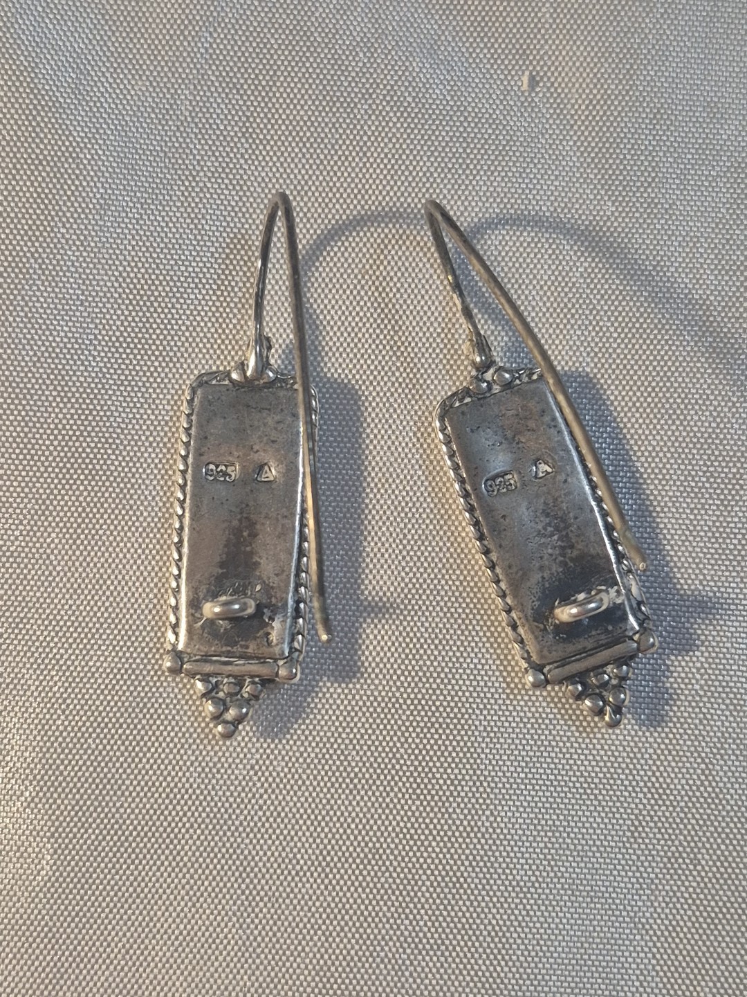 Vintage Sterling 925A Black Onyx rectangle Popcorn Bead Earrings 1.25″