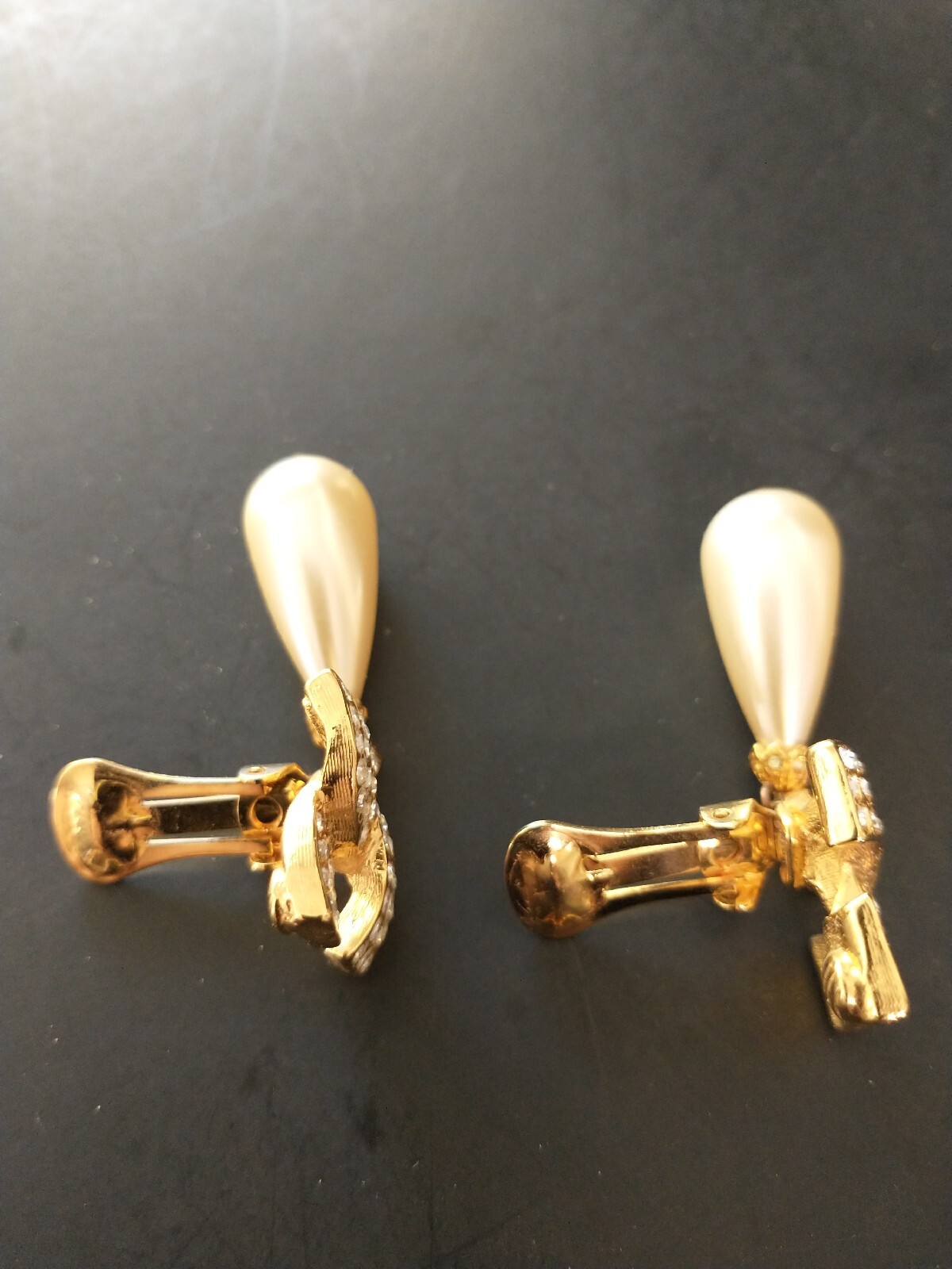 Vintage Kjl Kenneth Lane Faux Pearl Drop With Rhinestones Clip Earrings Signed