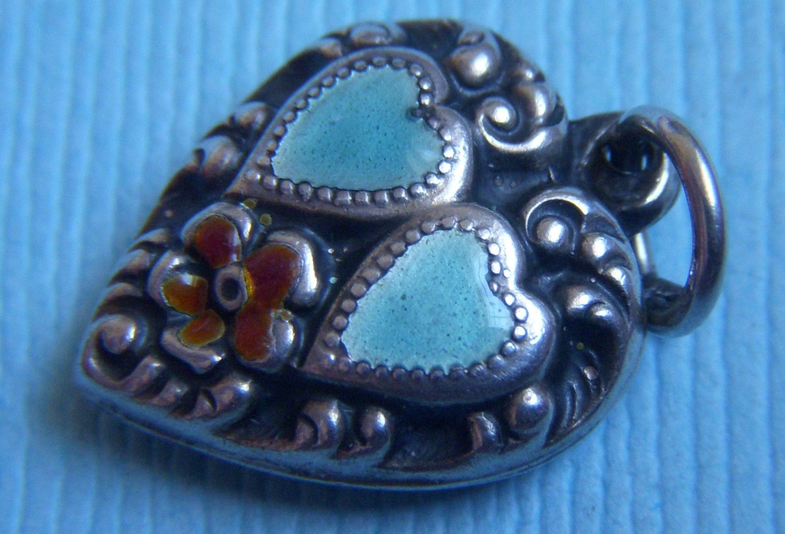 Vintage enamel hearts and flower puffy heart sterling charm