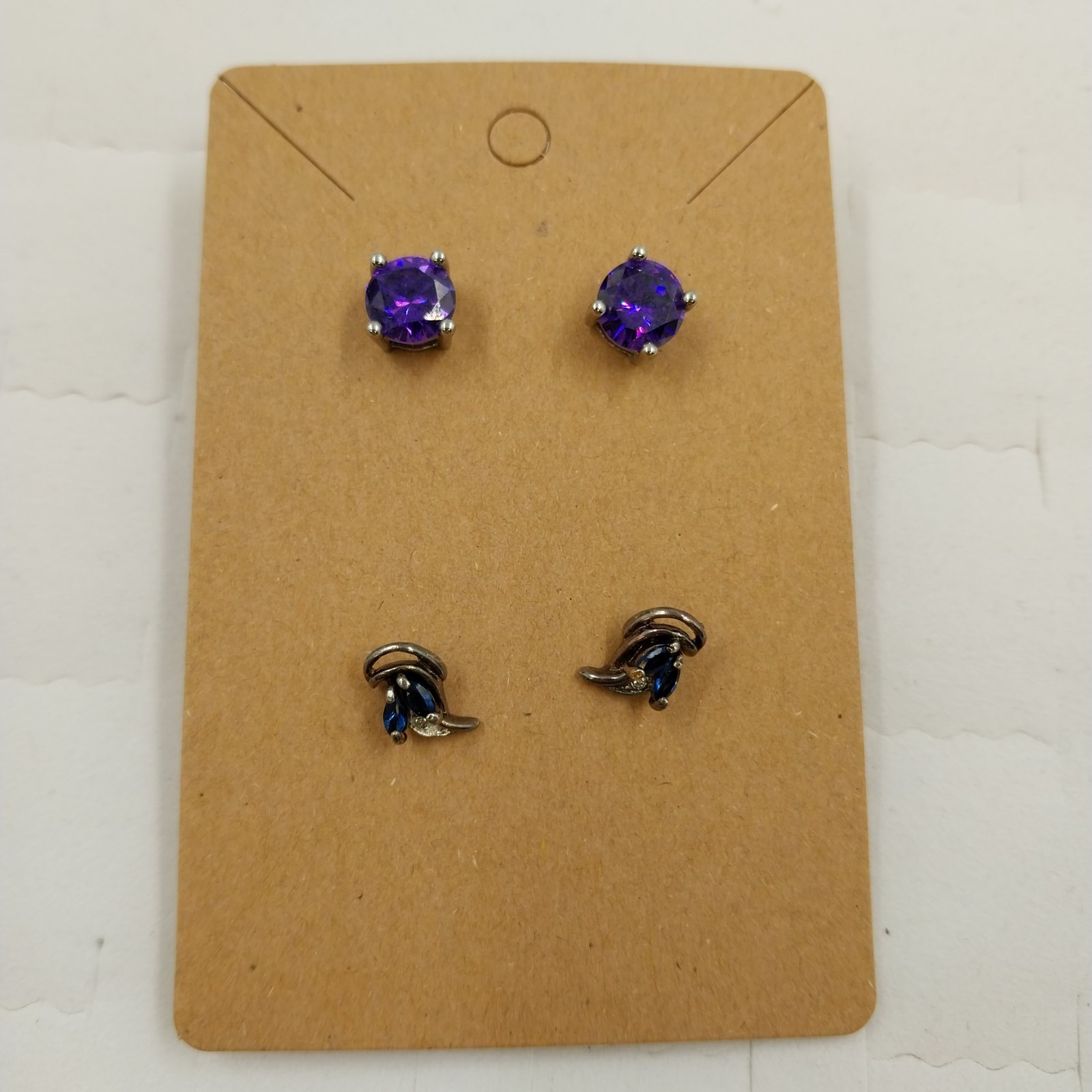 Set of 2 Pair Stud Earrings Silver Tone Purple Rhinestone and Blue Rhinestone