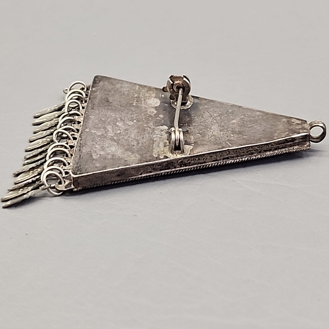 Vintage Triangle Pendant Filigree Cannetille Blue Glass Beads Silver Tone 2.5″